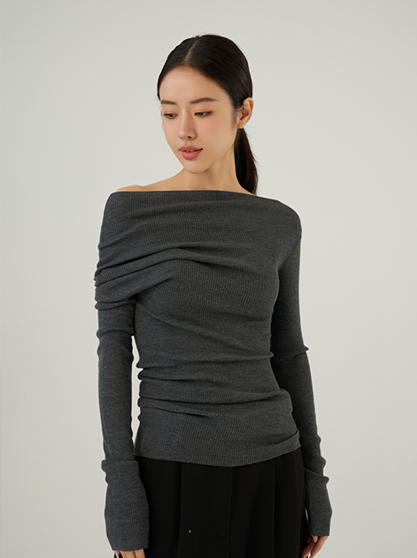 Dark grey off-shoulder ribbed seamless knit top with gathered neckline detail — Cawoolyang wholesale