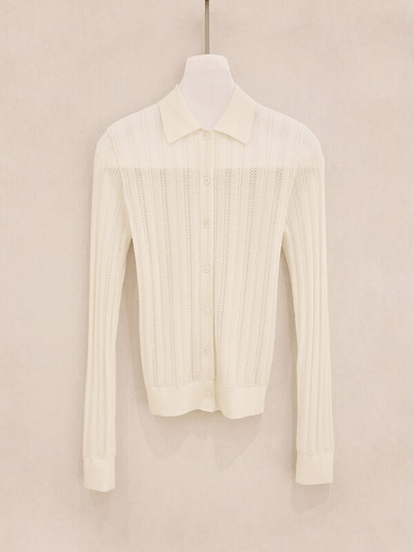Wheat Stitch Openwork Polo Collar Cardigan