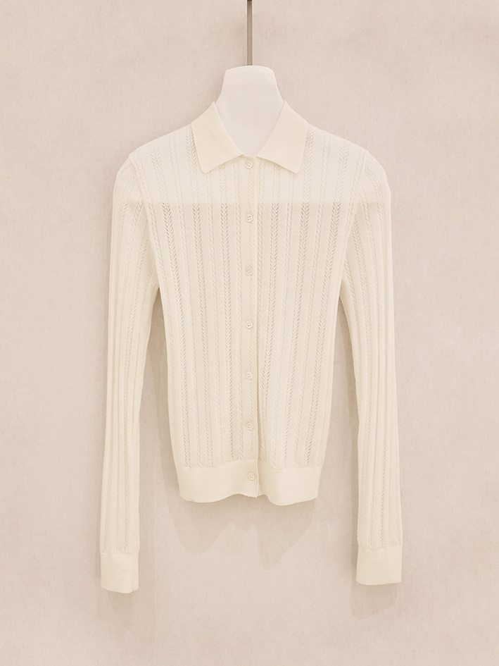 Wheat Stitch Openwork Polo Collar Cardigan