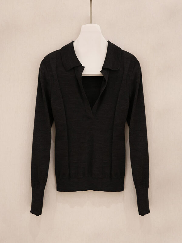 Deep V-Placket Polo Knit Pullover
